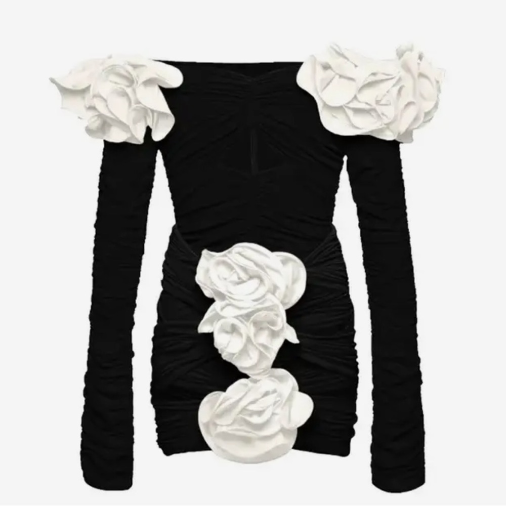 2 pc White Rose Black cutout Bodysuit with Skirt